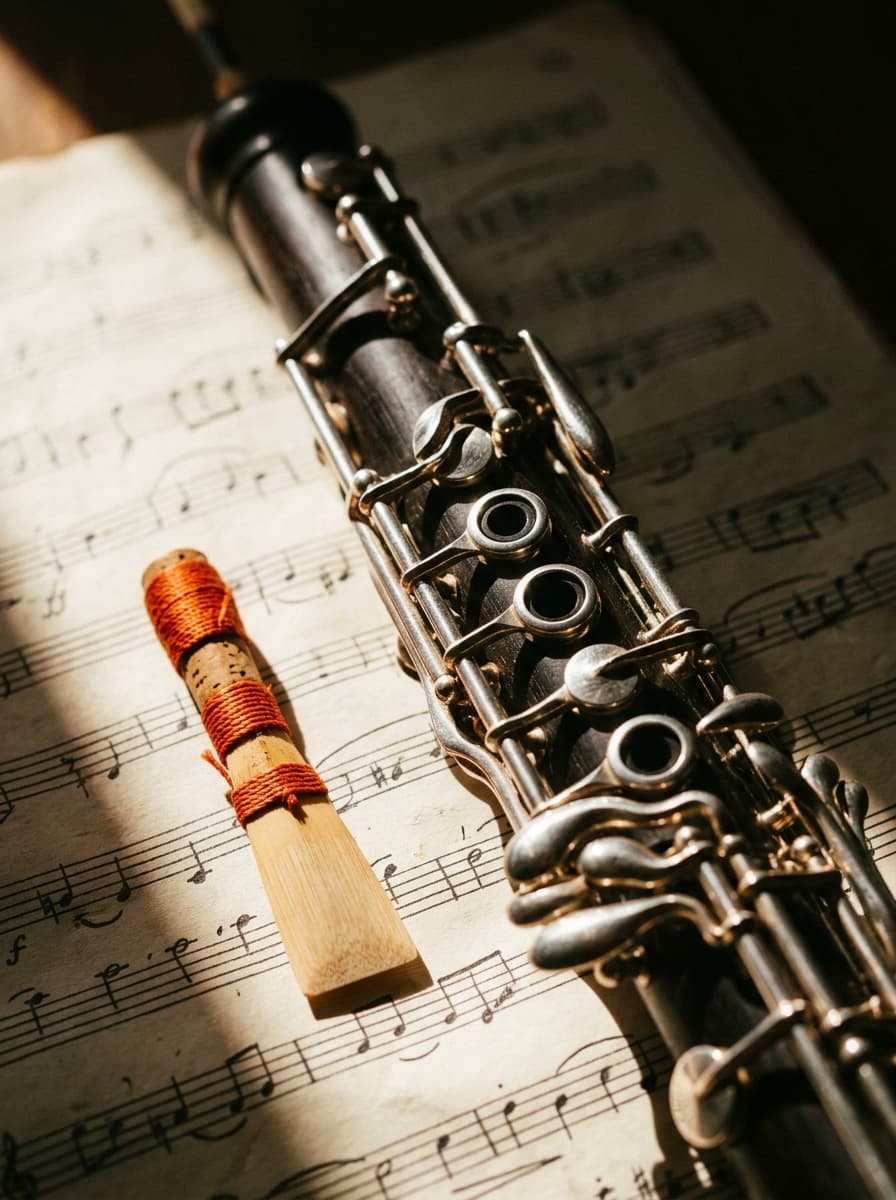 Oboe mit Rohrblatt auf Notenblatt